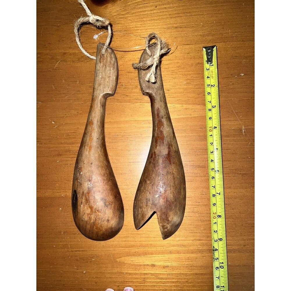 Vintage MCM Wooden Fork & Spoon Salad Serving Set Hand Made Rustic Cabin Cottage
